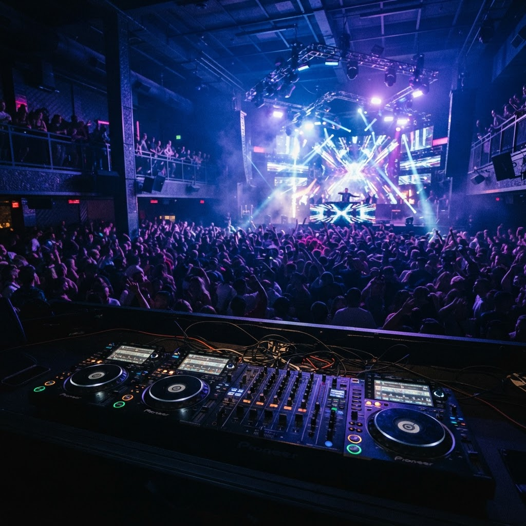 Professional DJ equipment at a live venue